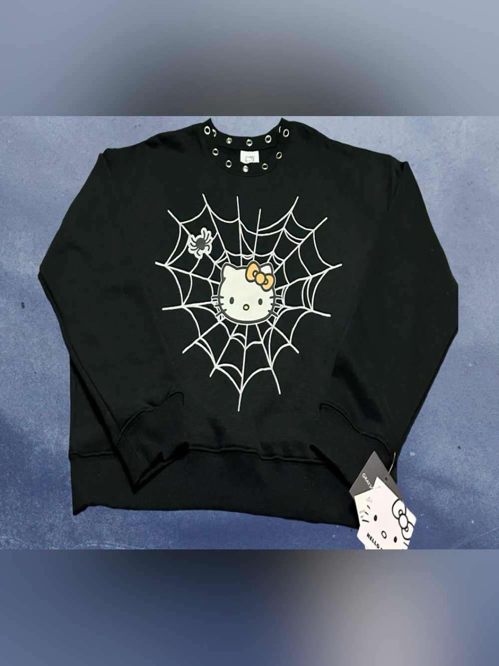 Hello Kitty  By Sanrio Black Sweatshirt with White Spiderweb and Yellow Bow S